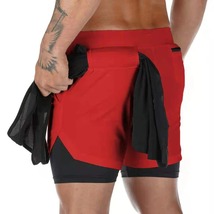 Men Running Shorts 2 In 1 Double-deck Sport Gym Fitness Jogging Pants, Red - £10.21 GBP
