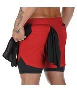 Men Running Shorts 2 In 1 Double-deck Sport Gym Fitness Jogging Pants, Red - £10.26 GBP