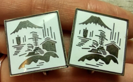 Vintage Silvertone Enamel Japanese Village Square Clip On Earrings Japan... - £13.03 GBP