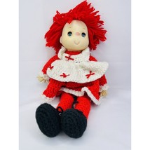 Crochet Doll Ice Cream Face Red &amp; White Dress Red Yarn Hair Plush Black Shoes - £19.04 GBP