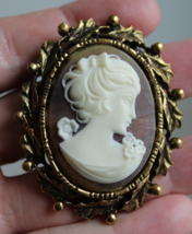 large vintage cameo brooch Portrait brass Victorian Lady Pin Brooch Neck... - $31.99