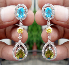 2.00ct Diamond Blue Topaz Golden Topaz Peridot 14k White Gold Women&#39;s Earrings - £1,760.42 GBP