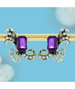 9K Gold Natural Amethyst and Pearl Vintage Style  Peacock Stud Earrings - $700.00