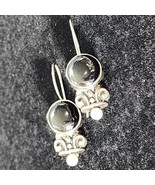 Silver Tone Black Cabochon Faux Pearl Tip Sheppard&#39;s Hook Pierced Earrin... - $278.72 MXN