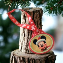 Mickey Mouse Ornament Ceramic Christmas Medallion Disney Santa Claus Hat Ribbon  - £11.47 GBP