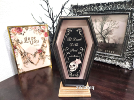 Halloween Pink Skull Coffin Roses Wood Sign Prop Tabletop Decor 9.5&quot; - £25.95 GBP