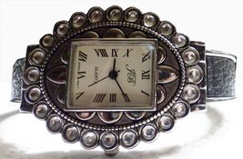 JB Fancy Silvertone Conch Style Wristwatch &amp; Inlay Black Leather Cuff Bracelet - £7.98 GBP