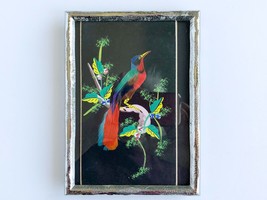 Vintage Bird Print with Real Feathers in Silver Metal Glass Front Easel Back - £26.15 GBP