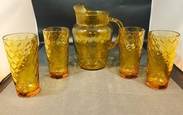 Amber Madrid Pitcher and 4 6” Glasses-Anchor Hocking MCM Vintage Very Nice Set!! - £55.31 GBP