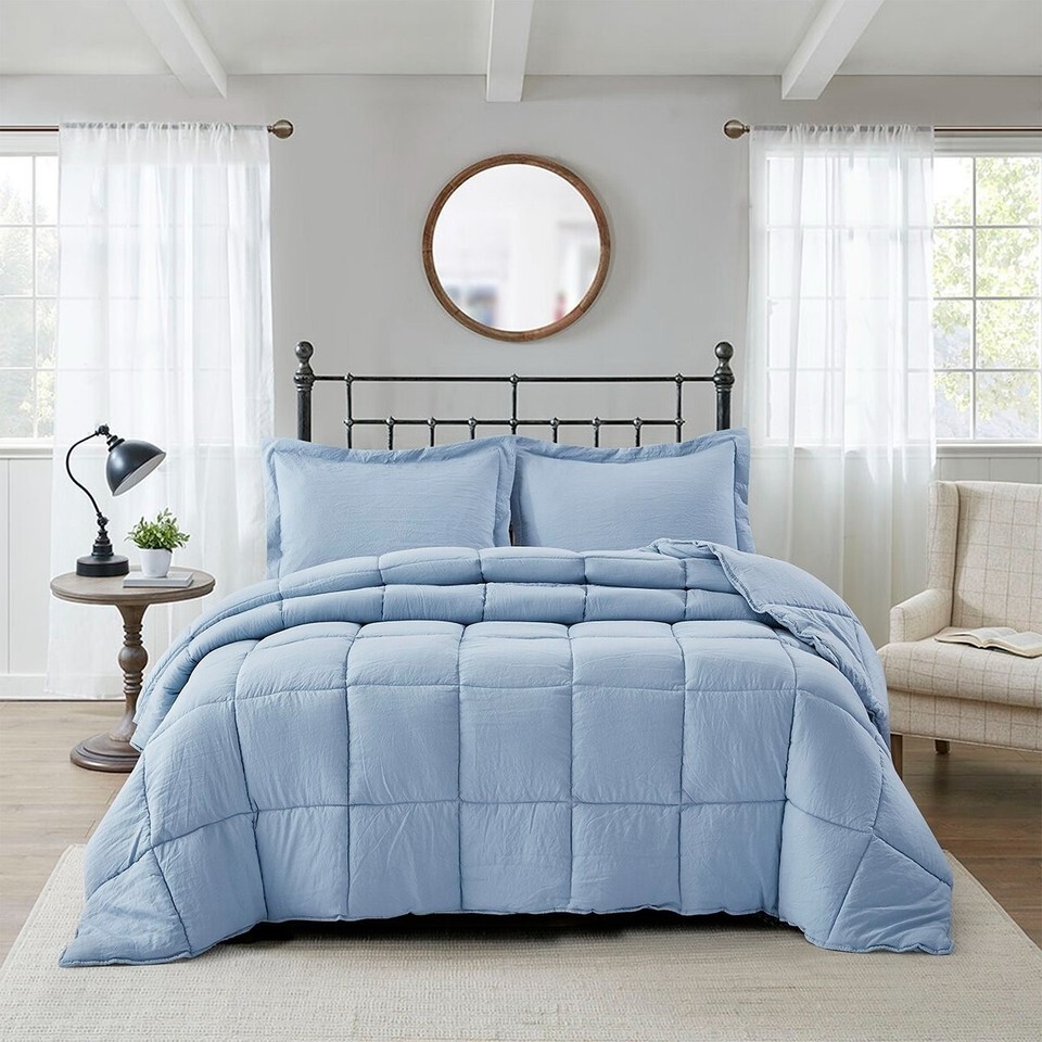 Comforter Quilt Bedding Set Queen 3 Piece Microfiber Reversible Blue 2 S... - $108.90