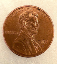 2007-D  Lincoln penny, Close AM, Rail-RIM, Thick-flat Letters - $97.02