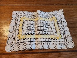 Handmade Crochet lace Doily With Yellow Ribbon 12x9 Off White  - £11.87 GBP
