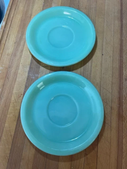 Vintage (2) Fire King Jadeite restaurant saucers 6 inch wide, very good used con - $20.00