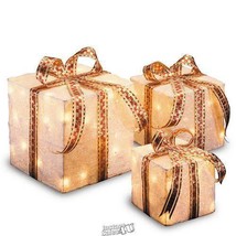 Pre-Lit Sisal Gift Box Assortment Three Present Boxes LEDs White Red and Gold - £31.39 GBP