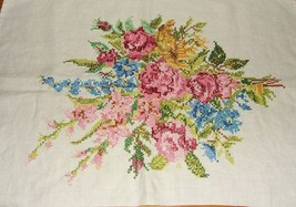 Lovely Vintage Hand Stitched Floral Bouquet Linen Cotton Towel Fabric - £10.19 GBP