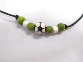 Ceramic Soccer Ball Round Bead With Lime Green &amp; White Accent Beaded Necklace - £5.19 GBP