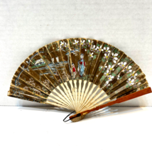 Antique Hand Painted Mini Folding Paper Wood Hand Fan Asian Design 8.5 x... - £22.14 GBP