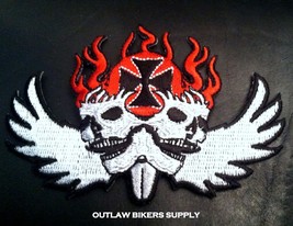 FLAMING WINDED SKULLS WITH IRON CROSS BIKER PATCH - £3.34 GBP