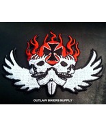 FLAMING WINDED SKULLS WITH IRON CROSS BIKER PATCH - £3.32 GBP