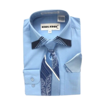 Karl Knox Boys Blue Dress Shirt Powder Blue Navy White Tie Hanky Sizes 4 - 6 - £20.14 GBP