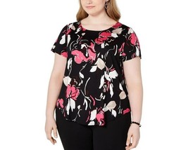 Alfani Womens Plus 2X Pink Black Art Blossom Floral Boatneck Top NWT CP54 - £19.53 GBP