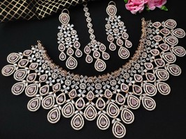 Indian Bollywood Style Rose Gold Plated CZ Necklace Earrings Tikka Jewelry Set - £227.10 GBP