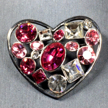 Silver Tone Pink &amp; Clear Rhinestone HEART Shaped Brooch Pin - $18.00