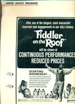 Fiddler On The Roof United Artists Press Book (1972) - £10.11 GBP