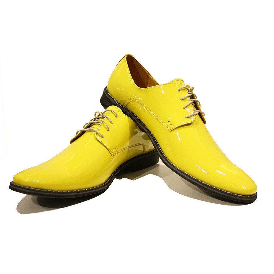 New Men's Shiny Yellow Derby Rounded Toe Black Sole Premium Leather Shoes  2019
