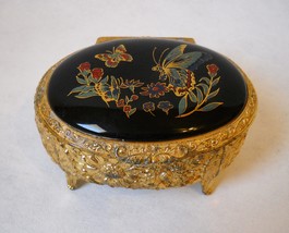 Butterfly Vintage Trinket Jewelry Box Gold Metal Black Painted Footed Lined - £22.81 GBP