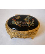 Butterfly Vintage Trinket Jewelry Box Gold Metal Black Painted Footed Lined - £22.80 GBP