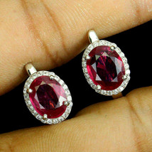 4Ct Oval Simulated Red Ruby Halo Wedding Stud Earrings 14k White Gold Plated - £78.86 GBP