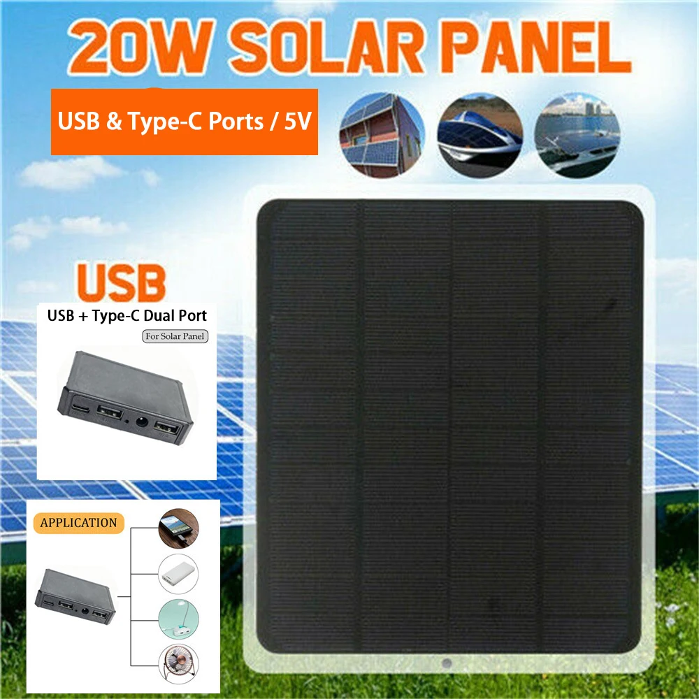 20W DC 5V Solar Panel Monocrystalline Solar Charger &amp; Output USB &amp; Type-C Ports - £19.75 GBP+