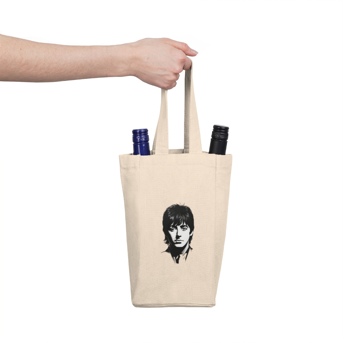 Double Wine Tote Bag with Paul McCartney Portrait Print 100% Cotton Canvas - $31.93