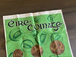 Vintage Eire Coinage Made in Ireland Linen Banner Tea Towel Coins Money 1960s - £38.91 GBP