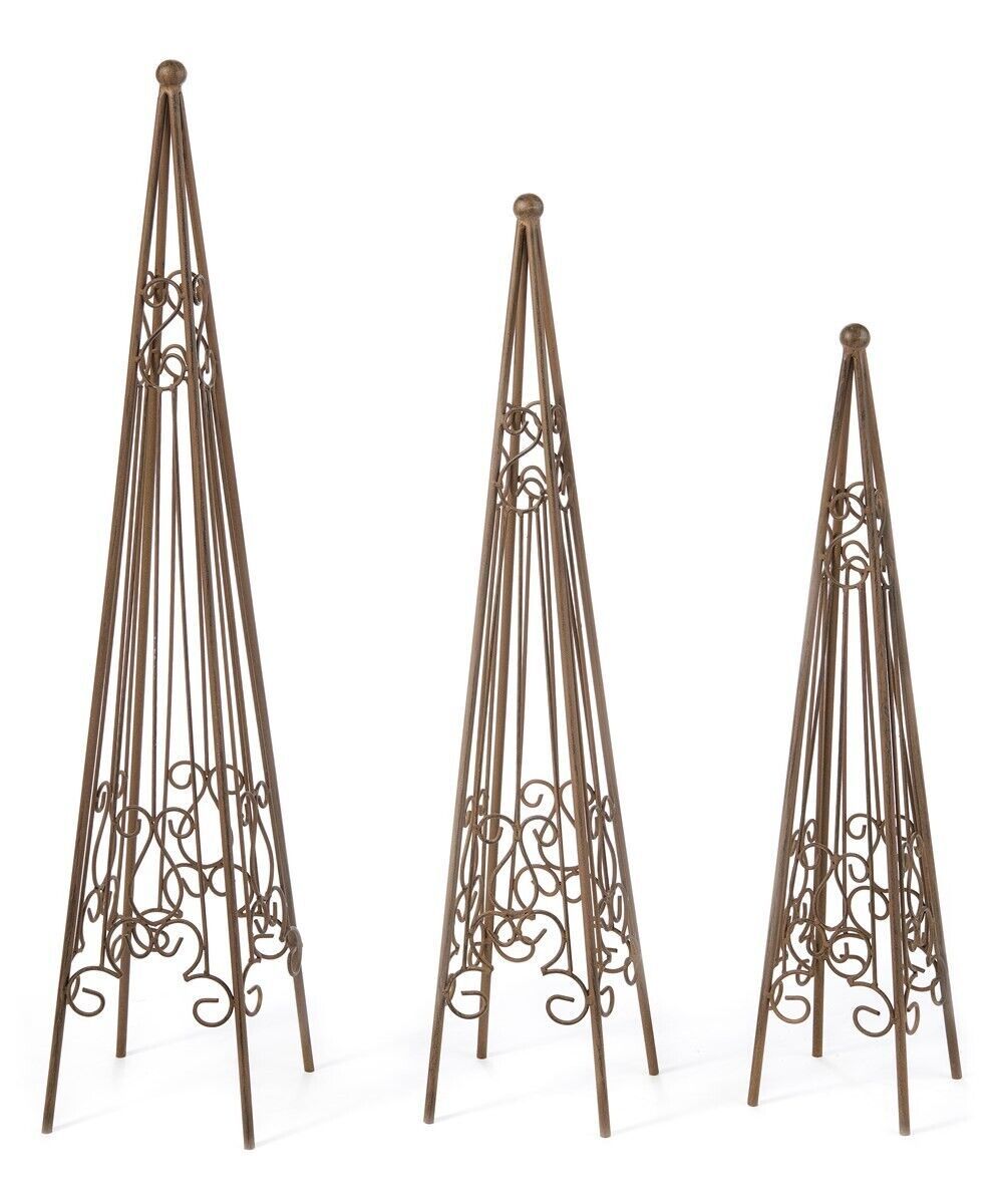 Trellis Set of 3 Obelisk Design Metal Rustic Brown Geometric  26" to 34" High - $178.19