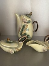 1950s Hull Pottery Parchment &amp; Pine Green Coffee Pot, Creamer, and Sugar Set - £97.47 GBP