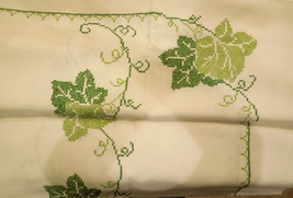 Vintage Tablecloth Off White Green Grape leaves cross stitch + 8 napkins - $54.45