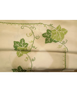 Vintage Tablecloth Off White Green Grape leaves cross stitch + 8 napkins - £42.84 GBP
