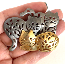 1970s Vintage Ultra Craft 3 Cats Cutouts Pin Brooch Pewter Gold Toned Signed - £9.70 GBP
