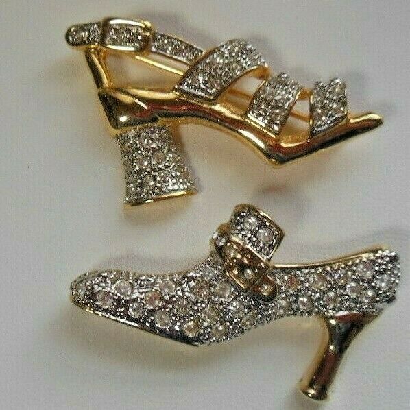 Primary image for Signed BARBARA MANDRELL 2 Paved Clear Rhinestone High Heel Shoe Brooches
