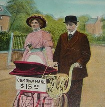 Woman &amp; Man Walking With a Baby Carriage and Funny Sign Antique Comic Postcard  - £4.74 GBP