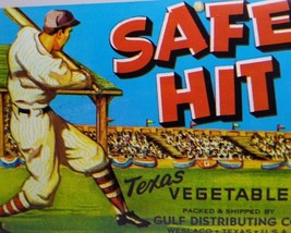 Safe Hit Baseball Texas Vegetables Crate Label 1950&#39;s Vintage Original Batter Up - £7.85 GBP