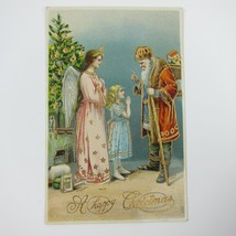 Vintage Christmas Postcard Old World Santa Angel &amp; Girl Gold Embossed An... - $29.99