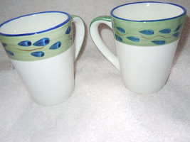 Green &amp; Blue Leaf Accent Stoneware Mugs Set of 2 New - £2.35 GBP