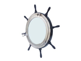 Deluxe Class Wood and Brushed Nickel Ship Wheel Porthole Mirror 36&quot;&quot; - £316.70 GBP
