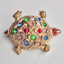Turtle Fancy Multi Color Jeweled Brooch Pin Vintage Gold Tone - $15.91