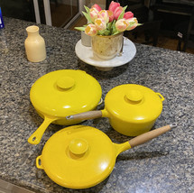 Vintage Lot Of Copco Yellow Pans Pots with Lids High Quality Cast Iron Heavy - $235.04