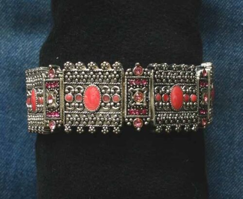 Primary image for Ancient Style Pink Rhinestone & Enamel Silver-tone Stretch Bracelet 1990s vint.