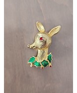 Vtg Rudolph Enamel Red Nose Reindeer Holly Christmas Brooch Pin Gold Tone - $18.52 CAD